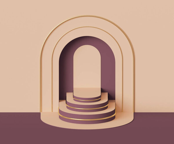 3d render, abstract geometric background with art deco stage and golden arch, fashion podium with steps. Modern minimal showcase scene with empty pedestal, shop display stand in pastel colors