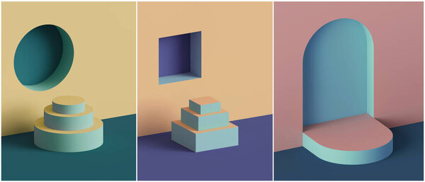 3d render, set of assorted abstract geometric backgrounds. Showcase scenes collection with empty podiums for product presentation