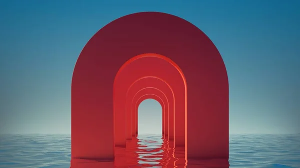 3Dレンダリング 青い空の下で 水の中に赤いアーチと抽象的なパノラマの背景 製品プレゼンテーションのための現代的な最小限のシーン — ストック写真