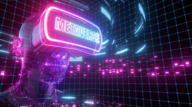3 boyutlu görüntüleme. Neon arka plan. Avatar sanal gerçeklik gözlüğü takıyor, elektronik kafa cihazı. Birinci oyuncu maça hazır. Meta-evren siber uzayı içindeki kullanıcı arayüzü.