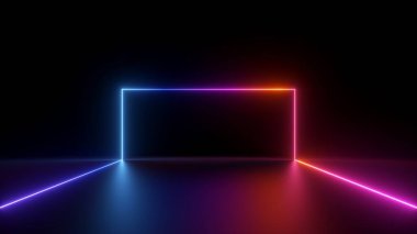 3d oluşturma, soyut kıvrımlı çizgi siyah arkaplan üzerinde renkli neon ışıkla parlıyor, çerçeve kopyalama alanı ile
