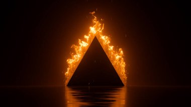 3d render, abstract background with black triangle frame on fire, blazing flame clipart