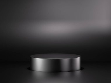 3D render, soyut geometrik arkaplan ve boş metal silindir podyumu. Ürün sunumu için yuvarlak sahneli endüstriyel gösteri sahnesi