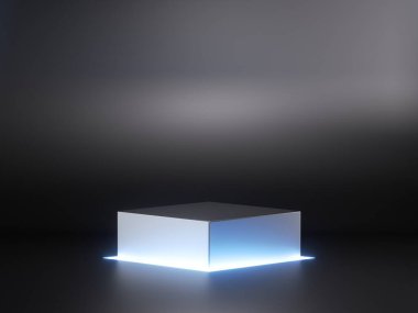 3 boyutlu, soyut geometrik arkaplan ve mavi neon ışıkla aydınlatılmış metal kare podyum. Ürün sunumu için boş sahnesi olan minimalist gösteri sahnesi