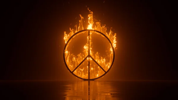 Render Peace Symbol Fire Pacific Emblem Orange Flame Black Background — Stock Photo, Image