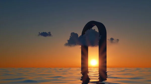 3Dレンダリング 水の中に立って丸いアーチを飛んで雲と抽象的な最小限の海の風景 黄金の夕日の背景 — ストック写真