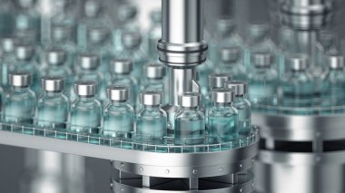 3 boyutlu görüntüleme. Otomatik taşıma hattında temiz sıvı bulunan cam şişeli ilaç imalatı arka planı. COVID-19 mRNA aşı üretim platformu.