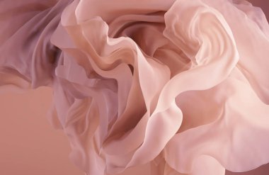 3D çizim, soyut arka plan narin pembe sallanan peçe, yüzen kumaş, buruşuk ipeksi kumaş, kumaş makro, dalgalı moda duvar kağıdı.