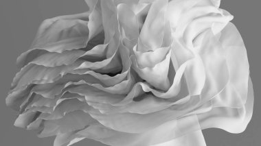 3D görüntüleme, kumaş katmanları ve katlanmış tekstil fırfırları ile soyut basit arkaplan, gri, dalgalı moda duvar kağıtlarında izole edilmiş beyaz bez makro.