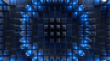 3D görüntüleme, geometrik desenli soyut fütüristik arkaplan ve parlayan mavi neon ışığı, teknolojik duvar kağıdı