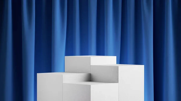 Representación Fondo Abstracto Con Cortina Terciopelo Azul Pedestal Vacío Blanco — Foto de Stock