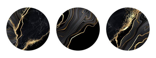 Set Abstract Stickers Black Marble Texture Marbling Decor Golden Veins Stock Photo