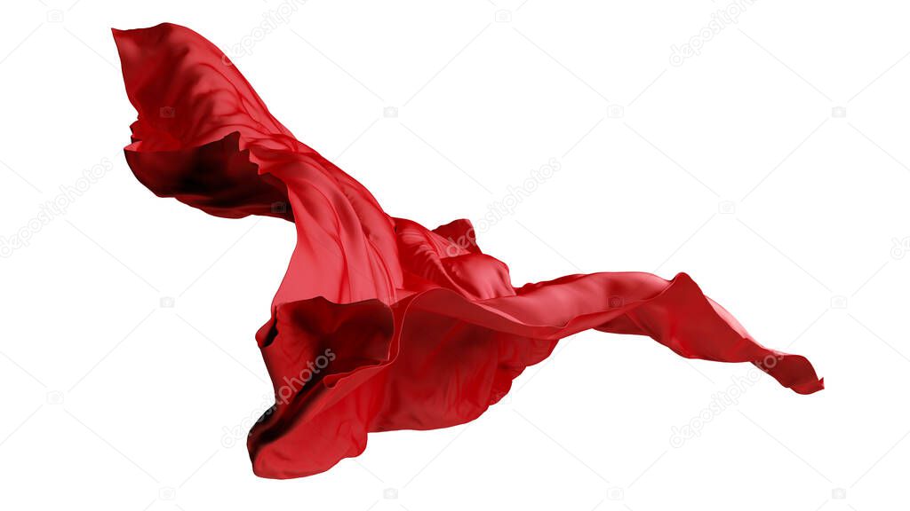 3d render, abstract red fabric falls down. Fashion clip art isolated on white background. Silk scarf flies away