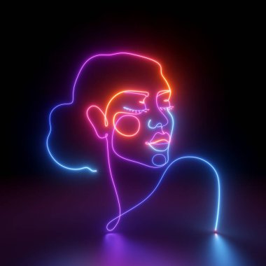 Bir kadının 3D çizimi, soyut doğrusal sanat portresi, siyah arkaplan üzerinde renkli neon ışıkla parlıyor.