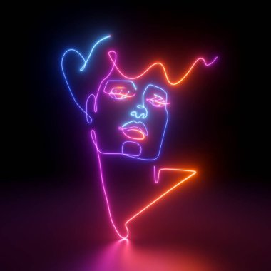 3D görüntüleme, soyut renkli neon kadın portresi siyah arkaplan üzerinde doğrusal sanat