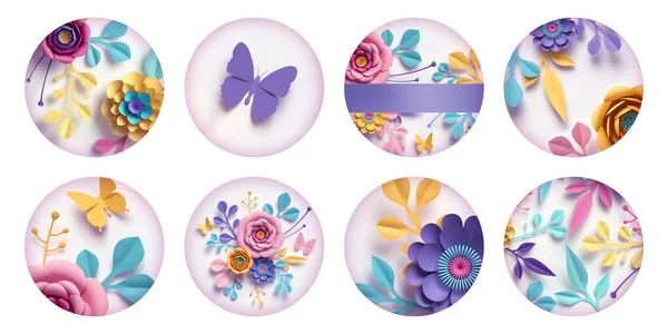 3d render, collection of assorted round floral stickers or labels isolated on white background. Pink violet yellow blue paper flowers