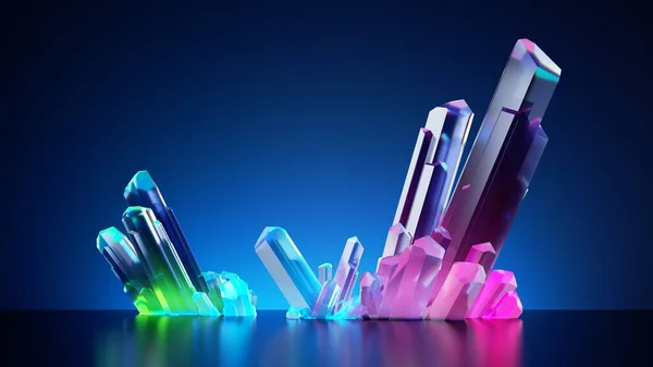 Render Fondo Azul Con Cristales Colores Abstractos Reflejos Superficie Brillante — Foto de Stock