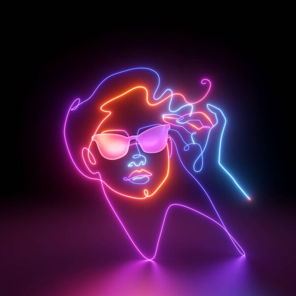 3D рендеринг, абстрактный красочный неоновый женский портрет, линейное искусство на черном фоне