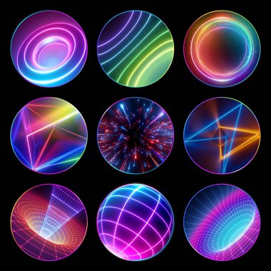 3D rengarenk neon tasarımlı çeşitli yuvarlak çıkartmalar. Siyah arkaplanda izole edilmiş çemberler