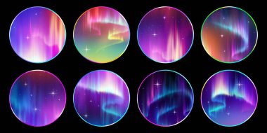 3D rengarenk gökyüzünde renkli aurora borealis olan çeşitli yuvarlak çıkartmalar koleksiyonu. Doğal fenomen tasarımı. Siyah arkaplanda izole edilmiş kozmik dizaynlı çemberler