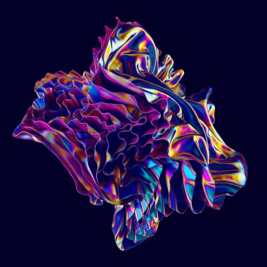 3D çizim, soyut holografik folyo, katmanları ve kıvrımları siyah arkaplanda izole edilmiş modern şekil, renkli duvar kağıdı