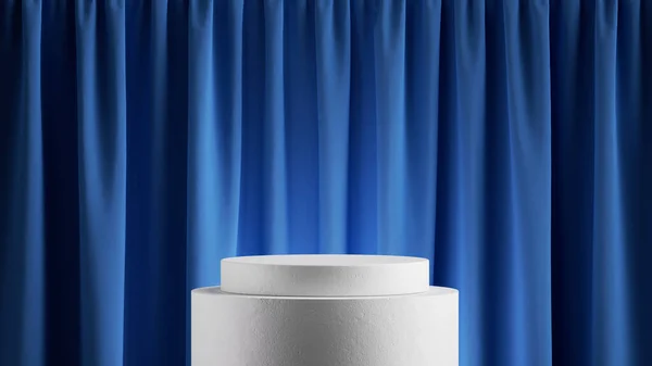 3d render, abstract background with blue velvet curtain behind the empty white stage. Simple showcase scene with podium for product presentation