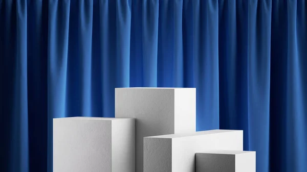 3Dレンダリング 青いベルベットのカーテンと空の表彰台と抽象的な背景 白い幾何学的プラットフォーム 製品プレゼンテーションのためのミニマリストショーケースシーン — ストック写真