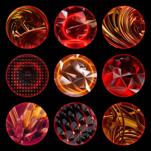 3Dレンダリング 赤輝くネオンデザインの各種ラウンドステッカーのセット 黒の背景に孤立した円 — ストック写真