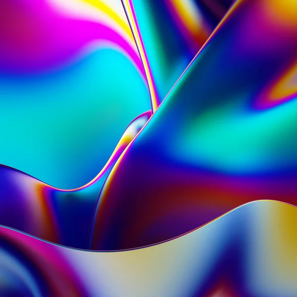 3Dレンダリング 抽象的な虹色のホログラフィック箔の背景 折り目の付いた現代的なテキスタイルマクロ 虹色の壁紙 — ストック写真