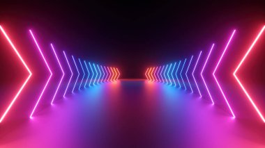 3D render, soyut panoramik pembe neon arkaplan ve ileri yönlü oklar gösterir