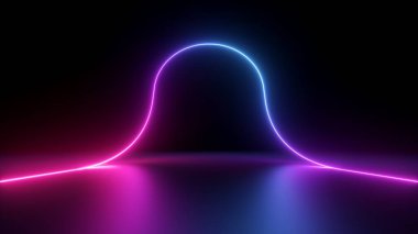 3d render, abstract black background with pink blue neon wavy line glowing in ultraviolet spectrum, round arch