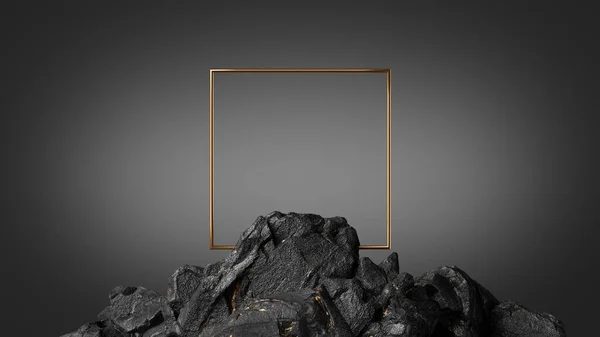 Render Abstract Black Geometric Background Rocky Ground Golden Square Frame — Zdjęcie stockowe