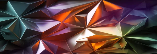 Render Abstracte Kristalachtergrond Verlicht Met Kleurrijk Licht Horizontaal Polygonaal Behang — Stockfoto