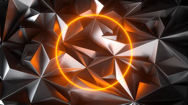 Render Abstract Geometric Background Metallic Faceted Texture Glowing Neon Shape — ストック写真