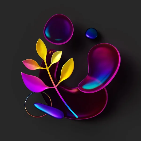 Render Abstract Iridescent Holographic Tropical Leaf Smooth Pebble Glass Shapes — Stock fotografie