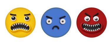 3d render, set of round colorful face icons with different emotions and facial expressions, isolated on white background. Angry grumpy mad
