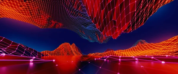 Render Abstract Red Blue Cyber Technology Background Virtual Reality Landscape — 图库照片