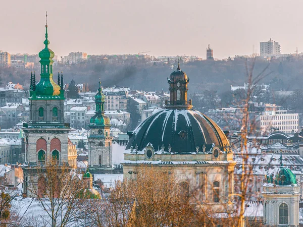 Lviv, Ukrayna - Şubat 2022: Vysoky Zamok (Lviv kale tepesi), KORNIAKTA TOWER, Dominik kilisesi kubbesi, Bernardine Manastırı 'nın çan kulesi.