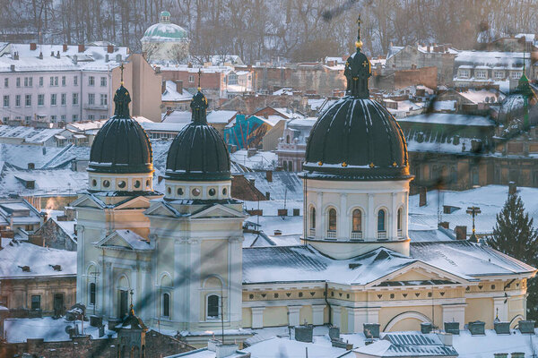 Lviv, Ukraine - February, 2022: Church of the Transfiguration of Our Lord, view from the Vysoky Zamok (Lviv castle hill).