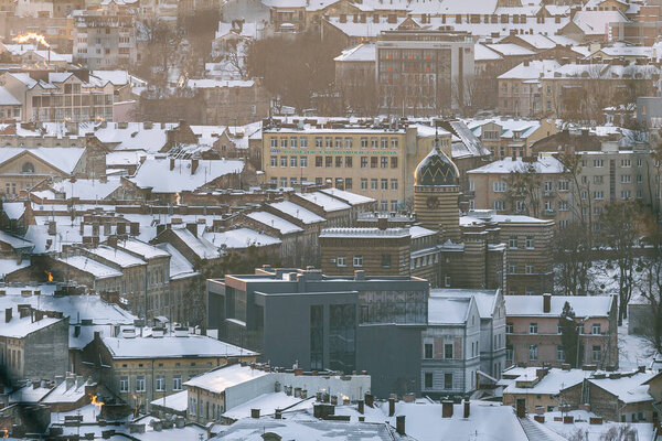 Lviv, Ukraine - February, 2022: City view from the Vysoky Zamok (Lviv castle hill), the dome of former jewish hospital.