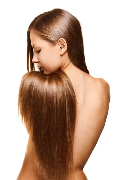 Close-up retrato de uma bela jovem mulher com elegante longo cabelo brilhante reta saudável de volta, isolado no fundo branco — Fotografia de Stock