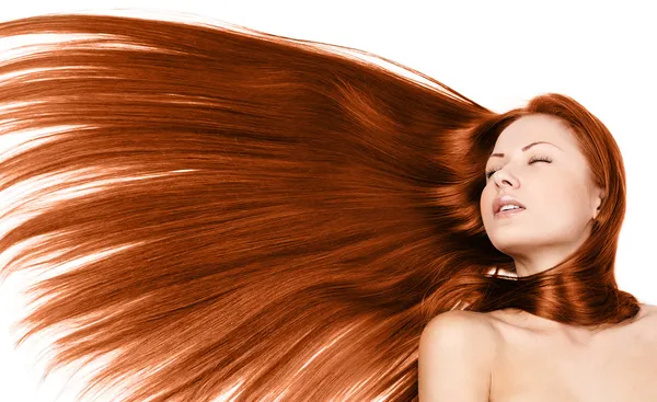 Close-up portrait of a beautiful young woman with elegant long red healthy straight shiny hair, isolated on white background — Stock Photo, Image