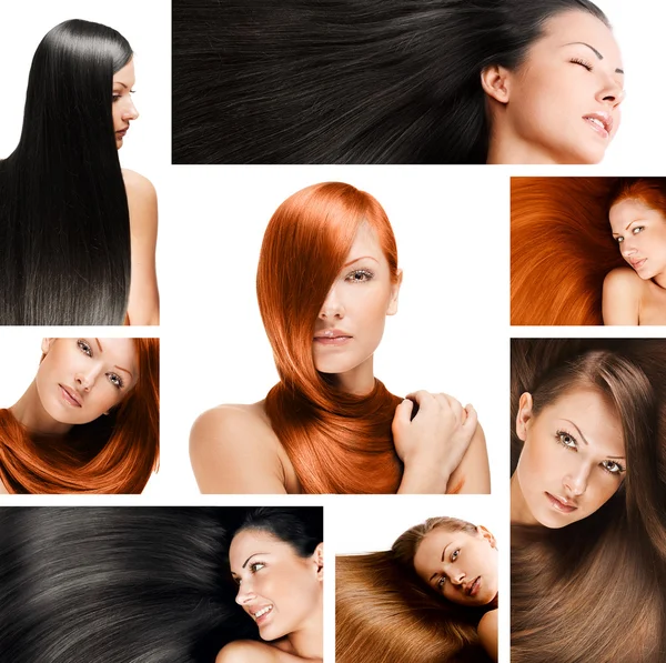 Fashion hairstyle collage, natural long shiny healthy hair — Stock Photo, Image