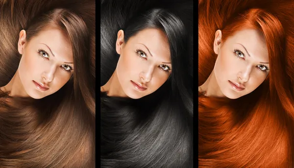 Коллаж красивой молодой женщины с длинными натуральными прямыми волосами, смешанного цвета, концептуальная прическа — стоковое фото