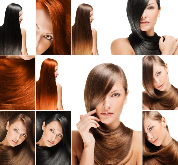 Fashion hairstyle collage, natural long shiny healthy hair Royalty Free Stock Photos