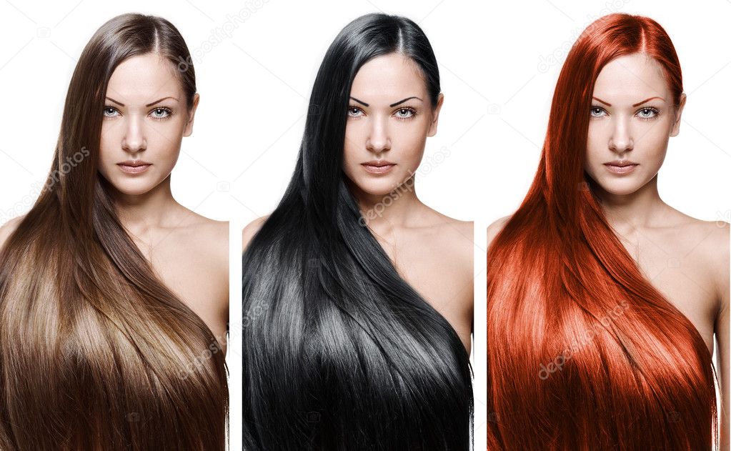 Collage of a beautiful young woman, with long natural straight hair, mixed color, conceptual hairstyle