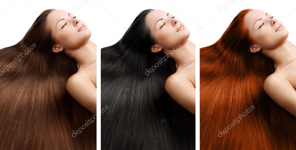 Collage of a beautiful young woman with long natural straight hair, mixed color, conceptual hairstyle