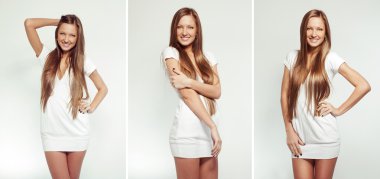 uzun saçlı elbiseli genç ve güzel bir kadın moda kolaj