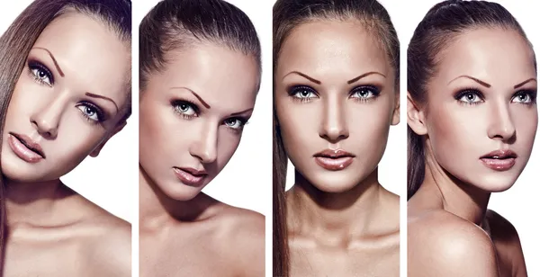 Collage de un modelo de moda con piel limpia perfecta y hermoso maquillaje — Foto de Stock