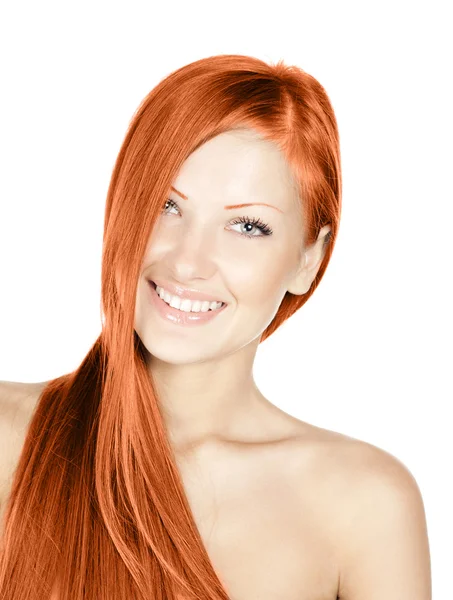 Fashion conceptual portrait of a woman with beautiful long red healthy shiny hair — Stock Photo, Image